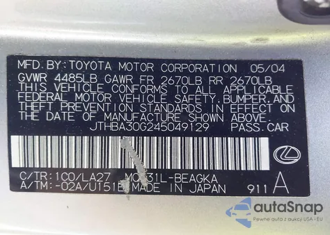 2004 Lexus Es 330 z USA, uszkodzony, nr VIN JTHBA30G245049129